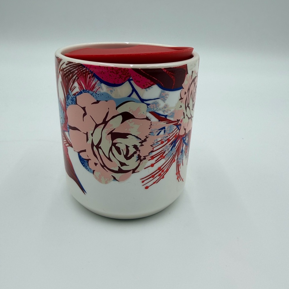 Starbucks White Ceramic Opalescent Floral Tumbler with Pink and Red Accents